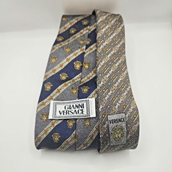 Gianni Versace Vintage Silk Medusa Tie Navy Gray Gold - Picture 4 of 10